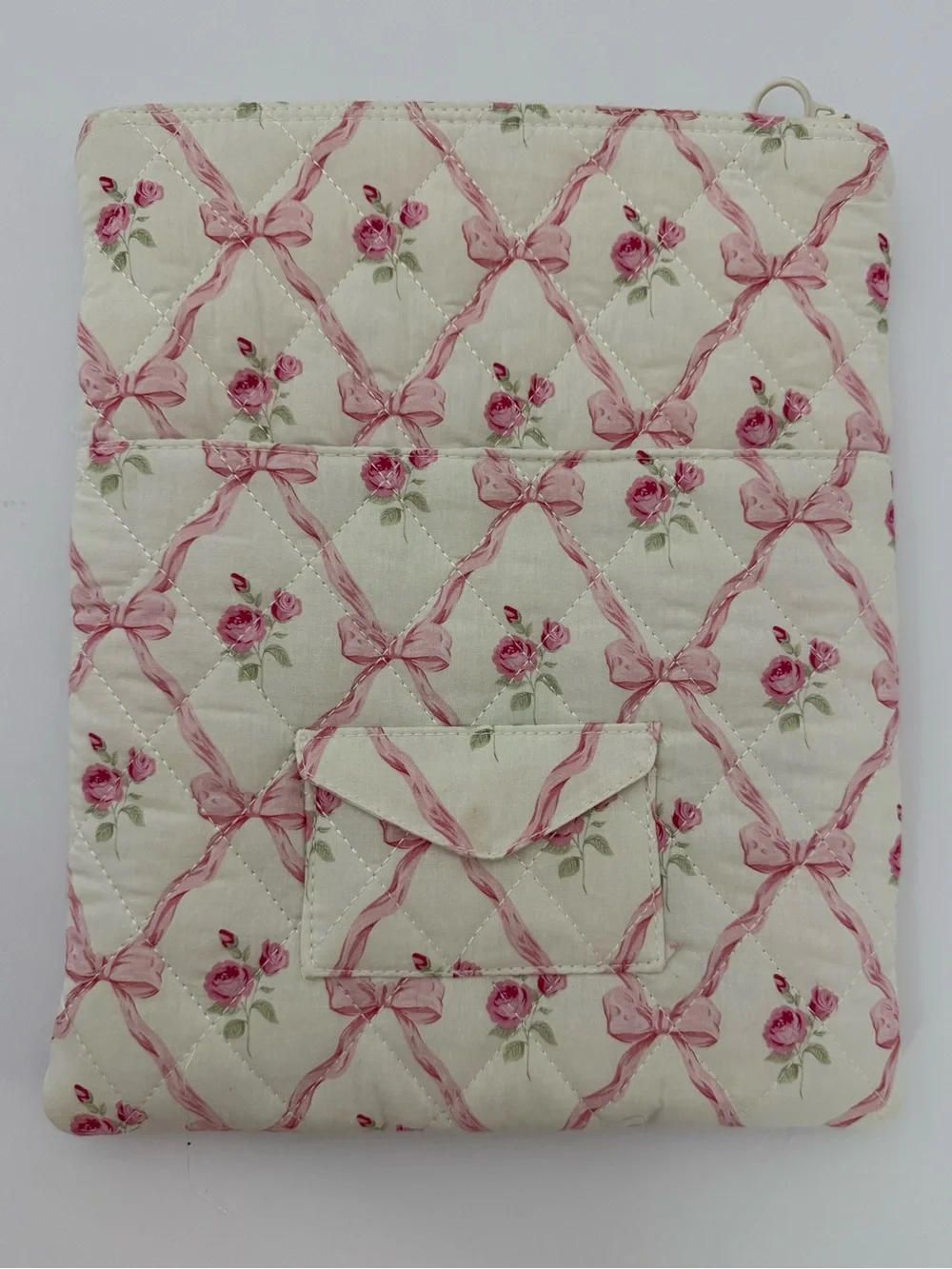 Quilted Pink Bow Rose iPad Laptop Sleeve Coquette Floral Tablet Case Cottagecore